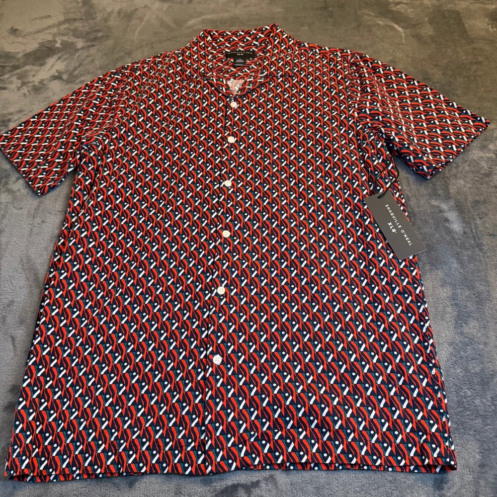 Shaquille Oneal Short Sleeve Button Up Shirt Geometric Linen Mens Large Tall NWT